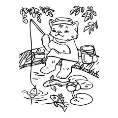 Coloring page. Cute kitten catches fish from the bridge. Vector illustration.