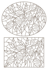 Set of contour illustrations of stained glass Windows with olive branches, rectangular and oval image, dark contours on a white background