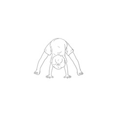 Kids Yoga - Joga für Kinder, Asana Baby, horizontal Banner Design Concept Cartoon. Junge barfuß in Yoga Haltung, macht fröhliches Gesicht. Yogi Logo auf Hintergrund in weiß.