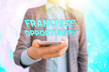 Conceptual hand writing showing Franchise Opportunity. Concept meaning Business License Privilege...