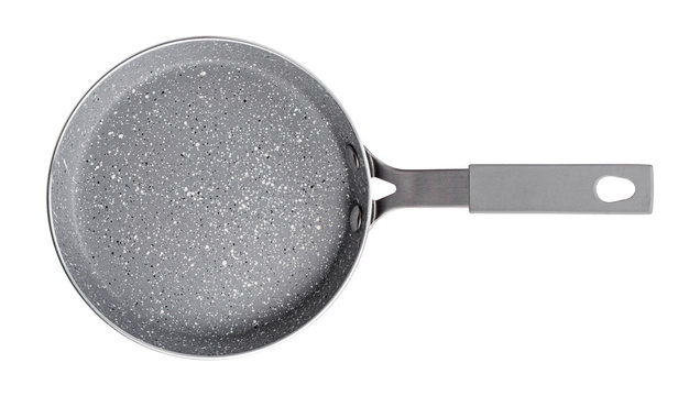 Small empty gray pan isolated, top view