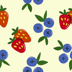 Blue blueberries with leaves and ripe strawberries, seamless texture on a yellow background, vector. 