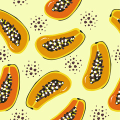 Ripe, juicy slices of papaya in a cut with seeds, geometric seamless pattern on a yellow background with dots, vector. 