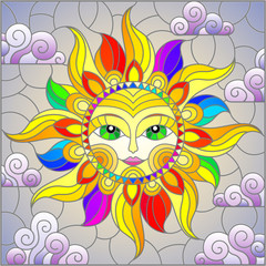 Illustration in stained glass style with fabulous sun with the face on the background of sky and clouds