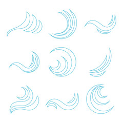 Fototapeta na wymiar Wave icon, blue abstract wave. Set of blue wave icons on white. Vector, cartoon illustration.