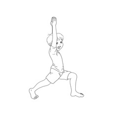 Kids Yoga - Joga für Kinder, Asana Einhorn, horizontal Banner Design Concept Cartoon. Junge barfuß in Yoga Haltung, macht fröhliches Gesicht. Yogi Logo auf Hintergrund in weiß.