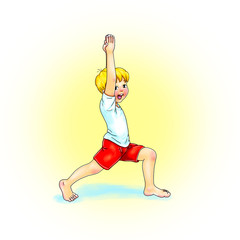 Fototapeta na wymiar Kids Yoga - Joga für Kinder, Asana Einhorn, horizontal Banner Design Concept Cartoon. Junge barfuß in Yoga Haltung, macht fröhliches Gesicht. Yogi Logo auf Hintergrund in weiß.