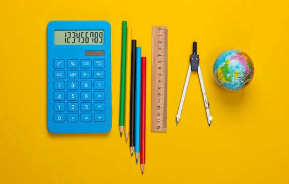 Back to school. School and office supplies on yellow background. Educational, study concept. Top view.
