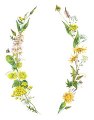 Vintage watercolor summer yellow meadow wildflowers wreath.