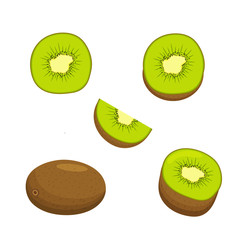 Fototapeta premium Set of whole ripe kiwi fruit, its halves, slices, isolated on white background. Vector flat illustration.