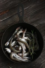 Fresh fish and rosemary in the pan