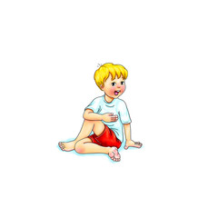 Kids Yoga - Joga für Kinder, Asana Meerjungfrau, horizontal Banner Design Concept Cartoon. Junge barfuß in Yoga Haltung, macht fröhliches Gesicht. Yogi Logo auf Hintergrund in weiß.