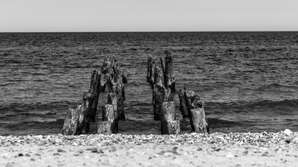 wooden breakwater on the background of calm sea and sand