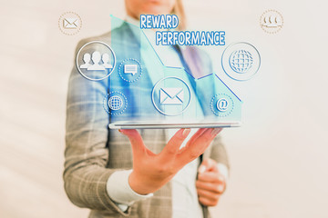 Writing note showing Reward Performance. Business concept for Appraisal Recognize workers Relative...