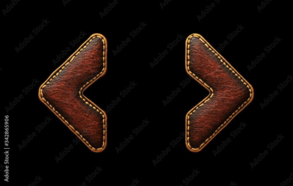 Fototapete set of symbols left and right angle bracket made of leather. 3d render font with skin texture isolat