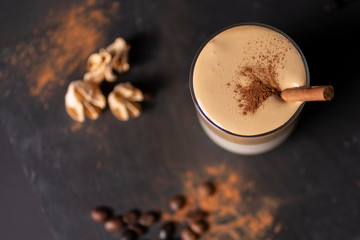 Dalgona coffee, soft, sparkling coffee with milk and a touch of cinnamon