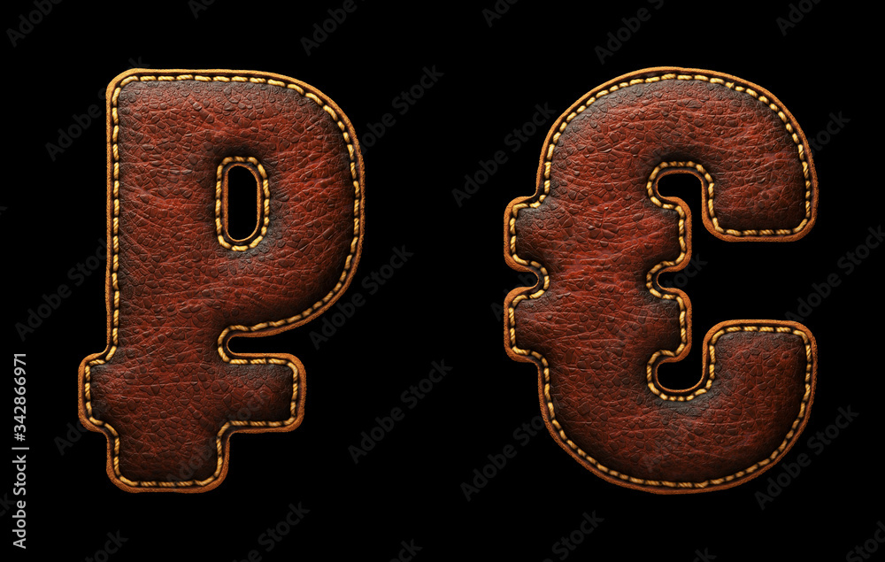 Fototapete set of symbols rouble and euro made of leather. 3d render font with skin texture isolated on black b