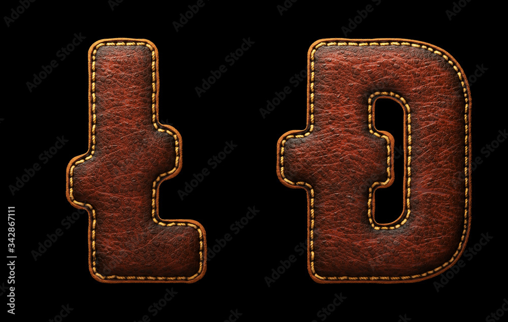 Fototapete set of symbols litecoin and dashcoin made of leather. 3d render font with skin texture isolated on b