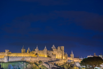 Medieval Castle at Carcassonne in twilight. France