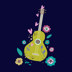guitar on a dark background flowers hearts. Hand drown doodle style. For dress fabric, T shirt print, postcard, banners.