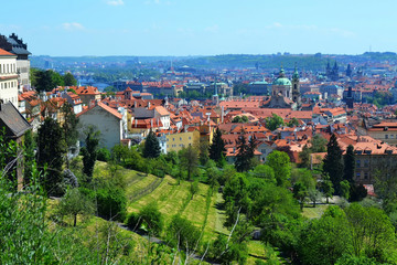 Fototapeta na wymiar Prague panoramic view with red tiled roofs and green terraces
