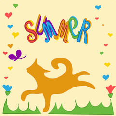 Summer funny cat chasing butterfly. Hand drown doodle red cat runs with the word summer. For greeting card, t shirt print, banners and element design