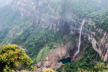 The Nohkalikai waterfall, tallest plunge waterfall in India. Fallen deep into the valley through...