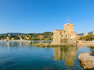 Fototapeta na wymiar italian castles on sea italian flag - castle of Rapallo , Liguri