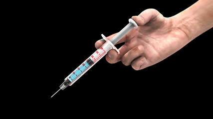 Real human hand injecting vaccine by syringe with 3d rendering include alpha clipping path.