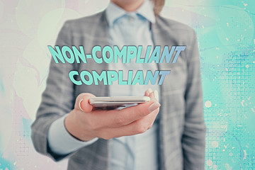 Conceptual hand writing showing Non Compliant Compliant. Concept meaning Resistant to the Rule in...