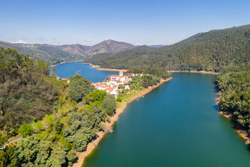 Fototapeta na wymiar Dornes drone aerial view of city and landscape with river Zezere in Portugal