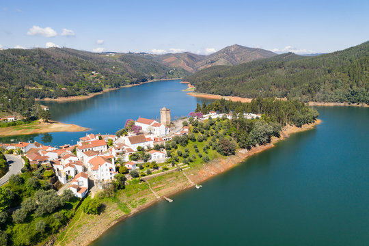 Dornes drone aerial view of city and landscape with river Zezere in Portugal