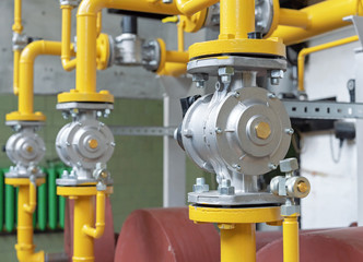 Gas boiler house equipment. Gas pipeline with safety gas valve.
