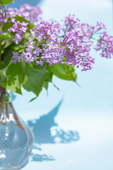 Purple and pink lilac flowers in a glass vase with water drops. Bouquet of lilac on a blue background. With space for your text-image