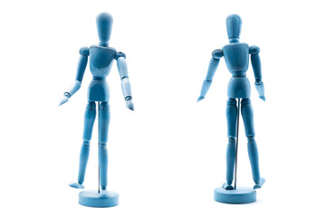 Front and back of Blue standing back wooden puppet Check hand  with the other person, white background or isolated