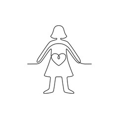 Continuous line drawing. People. Pregnant woman. Expectant mother. Black isolated on white background. Hand drawn vector illustration. 