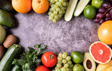 Fresh vegetables and fruit top view with copy space