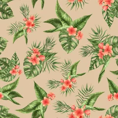 Foto op Canvas Seamless pattern with watercolor palm leaves and flowers. Tropical leaf and flower pattern. Tropical floral background. Summer endless pattern. Use it for wrapping paper, textile, website design.  © Яніна Бондар