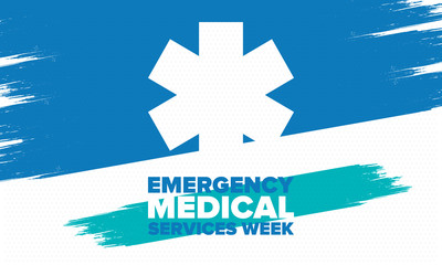 Emergency Medical Services Week in May. Celebrated annual in United States. Control and protection. Medical health care design. Poster, card, banner and background. Vector illustration