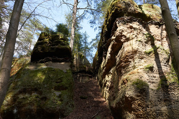 April 10, 2020 - Sandstone rocks in central Bohemia - Kokorin area in the spring