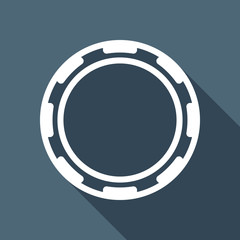 Naklejka premium Empty casino or poker chip. White flat icon with long shadow on blue background