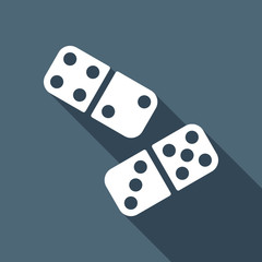 Domino, board game. White flat icon with long shadow on blue background