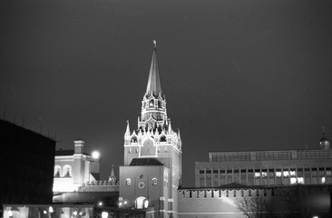 Moscow Kremlin at night shot on black and white film