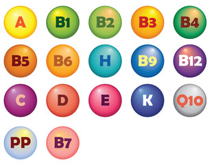 Colorful vector isolated vitamin complex with glossy balls for infographics, science articles, medicine and health magazines. Vitamins icons vector set.