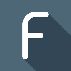 Letter F of alphabet, isolated outline symbol. White flat icon with long shadow on blue background