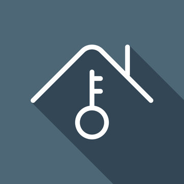 recommend clip art: House and key, own home, outline design. White flat icon with long shadow on blue background