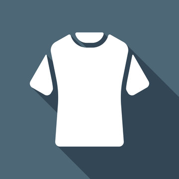 T-shirt or polo dress. White flat icon with long shadow on blue background