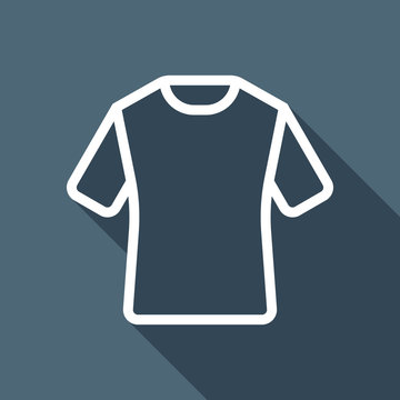 T-shirt or polo dress, outline design. White flat icon with long shadow on blue background