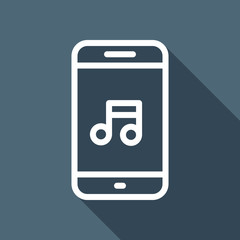 Mobile phone and music note, outline design. White flat icon with long shadow on blue background