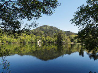 Fototapeta na wymiar Naturpark Südschwarzwald. Stillen Wasser des Bergsee oberhalb Bad Säckingen und Gipfel Röthekopf unter einem frühlingsblauen Himmel in Baden-Wüttemberg